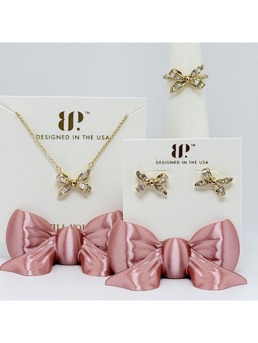 Bomb Party Vermeil Bow Set Necklace, Earrings, & Ring Sz 9 .925 Sterling w/Gold